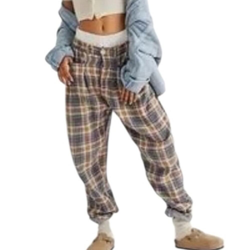 Free People + CP Shades Lourdes Grey, Orange, and Brown Plaid Button Up Pants M